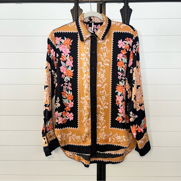 Free People Tops - Free People Black and Marigold Floral Button-Down Shirt Boho Southwestern XS